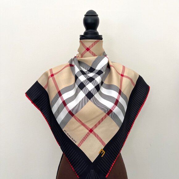 NWT Burberry Scarf Logo Iconic Beige Check Black Red Border Silk Wrap - Picture 2 of 13
